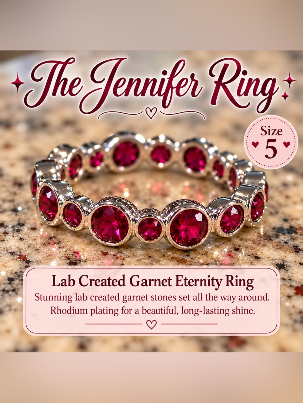 Lab-Created Garnet Eternity Ring - Rhodium-Plated Silver Band -Red Stones size 5